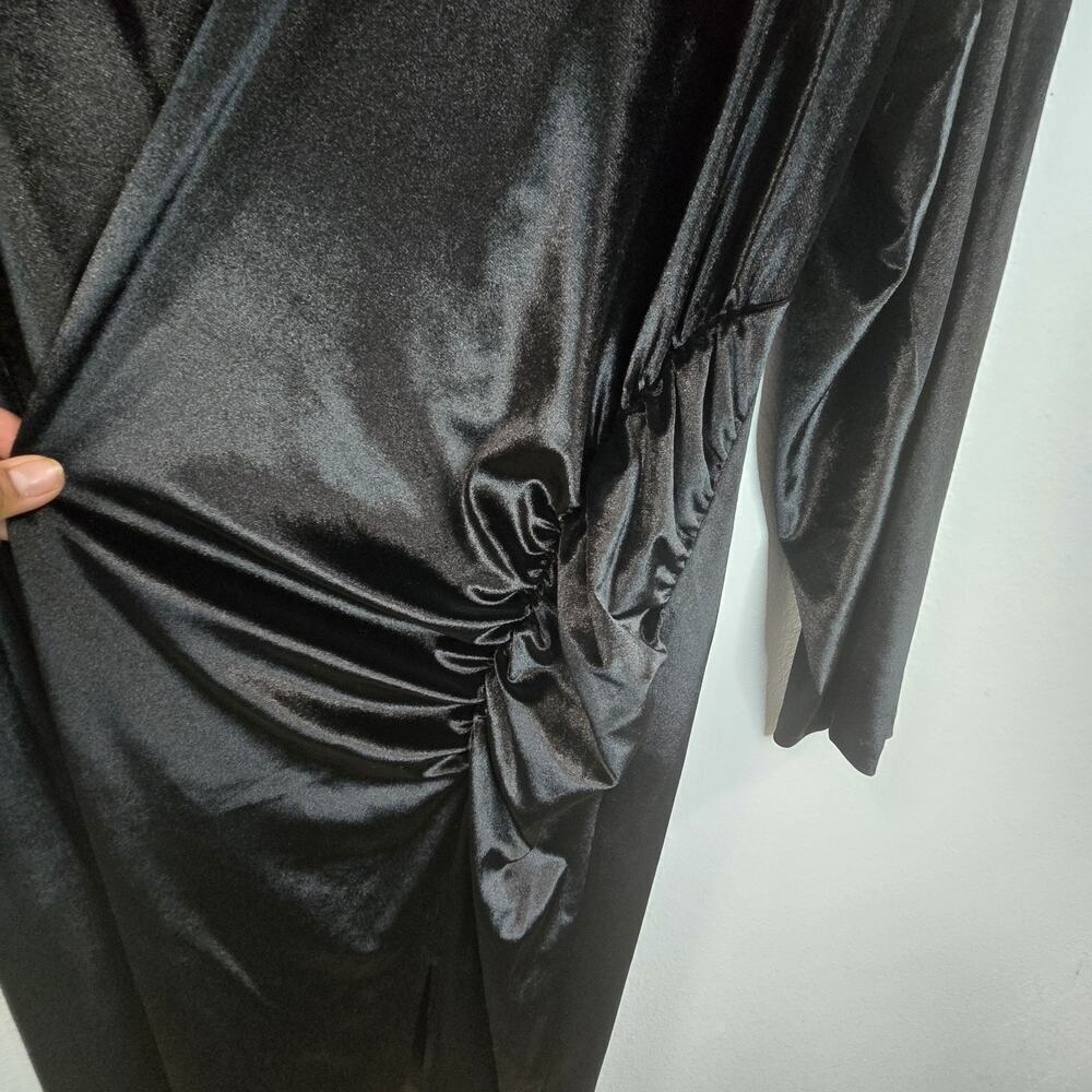 Donna Karan Plus Size 24W Black Satin Velvet Ruched Midi Dress Long Sleeve Party - Picture 7 of 14